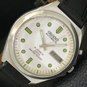 Vintage 1988 Orient Automatic Mens Silver Watch W/daydate & Green accents